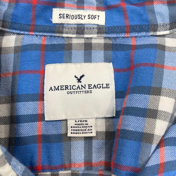 American Eagle Shirt Large Blue Plaid Casual Button-Front Long Sleeve Men's - Picture 11 of 13